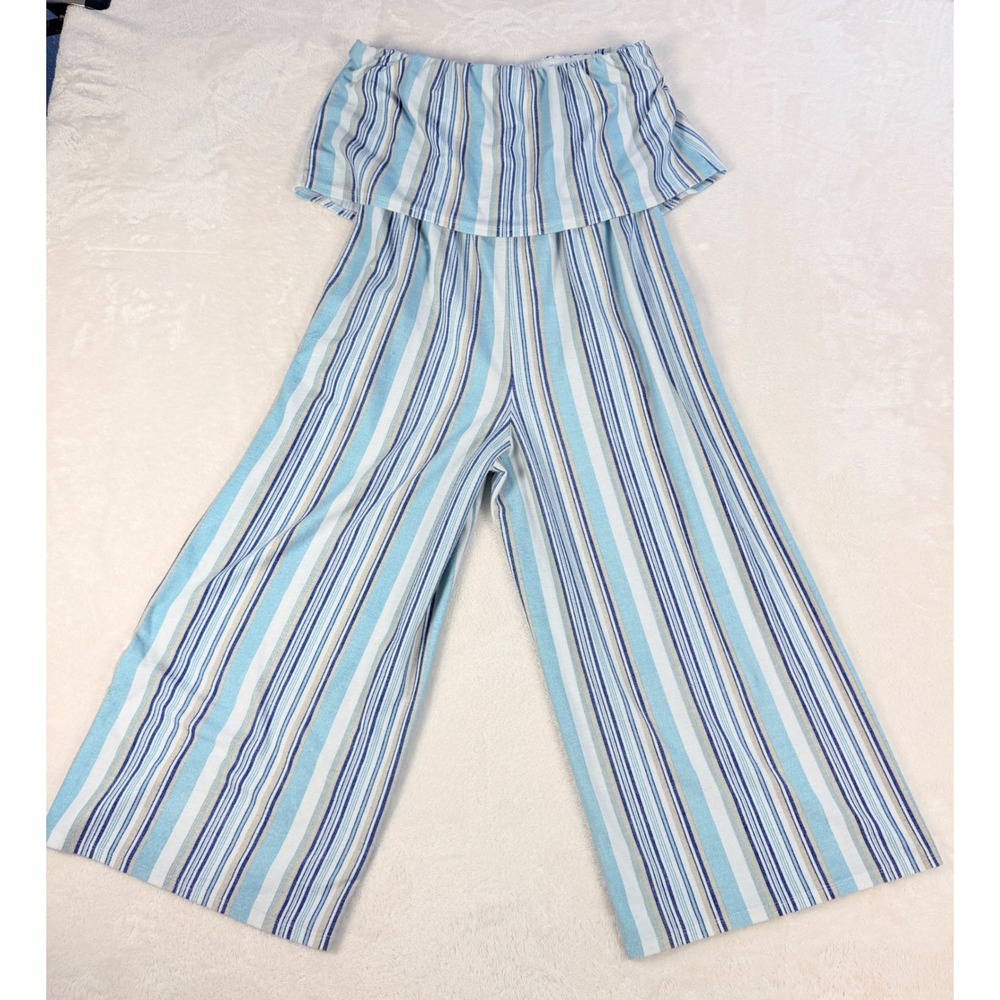 Bebop Strapless Wide Leg Jumpsuit Womens XL Blue Striped Ruffle Coastal Vacation